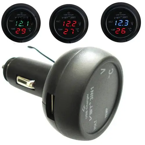 3 в 1 12 V/24 V 2.1A Многофункциональный цифровой вольтметр для автомобиля, бортовой термометр, B мобильного телефона Зарядное устройство аксессуары для интерьера черный