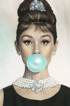 

AUDREY HEPBURN BLOWING A Big Blue Gum Bubble paintings canvas Prints Wall Art For Living Room Bedroom Decor
