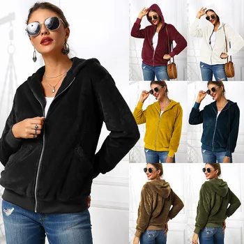

Hot Selling Women Fleece Jackets Winter Warm Hooded Fluffy Zipper Closure Coat Overcoat -B5