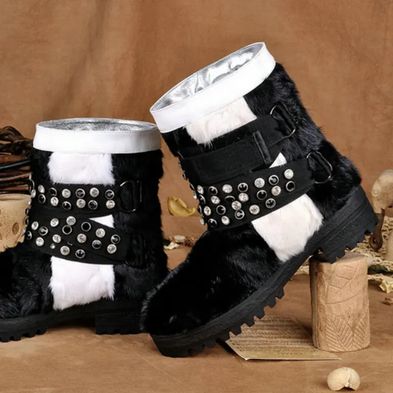 Женские зимние ботинки на плоской подошве из натуральной кожи с круглым носком; разноцветный мех со стразами; модные зимние ботильоны; Размеры 35-39; sxq0826