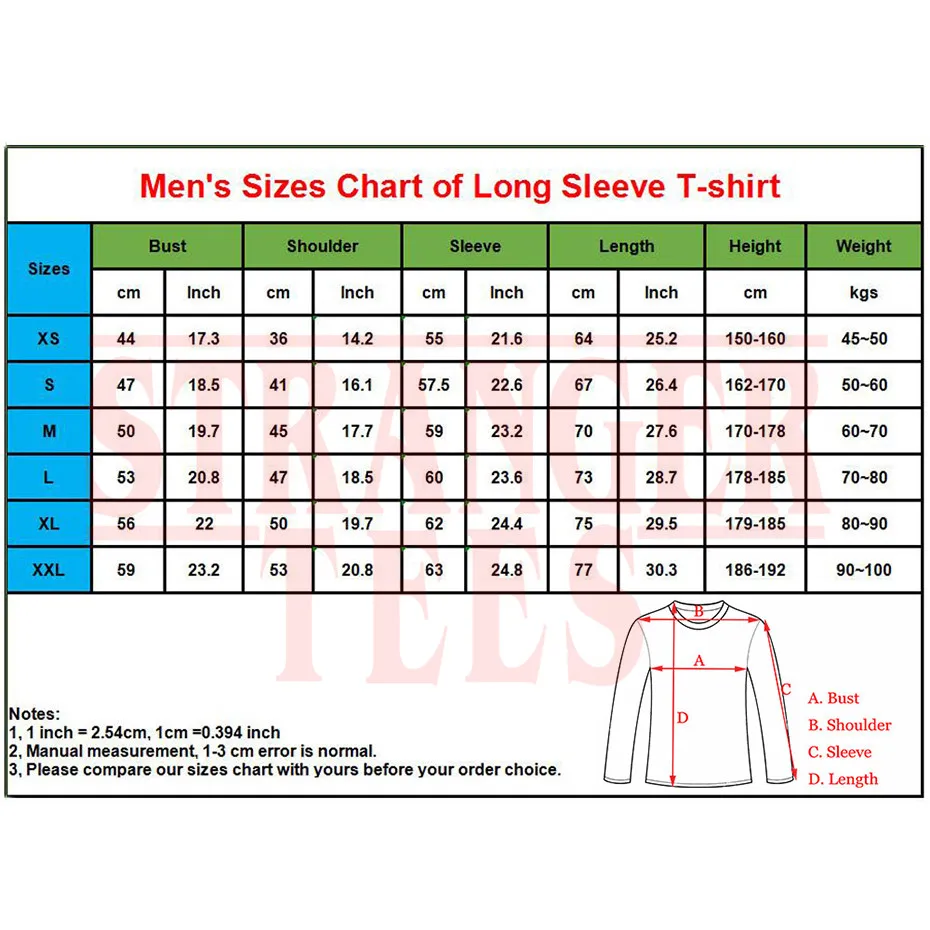 details of mens size chart long sleeve