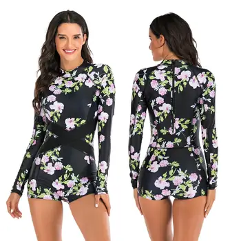 

Long Sleeve One Piece Swimsuit Women Rash Guard floral Print Swimwear High Neck Zipper Surfing Suit Diving Suit Push Up Monokini