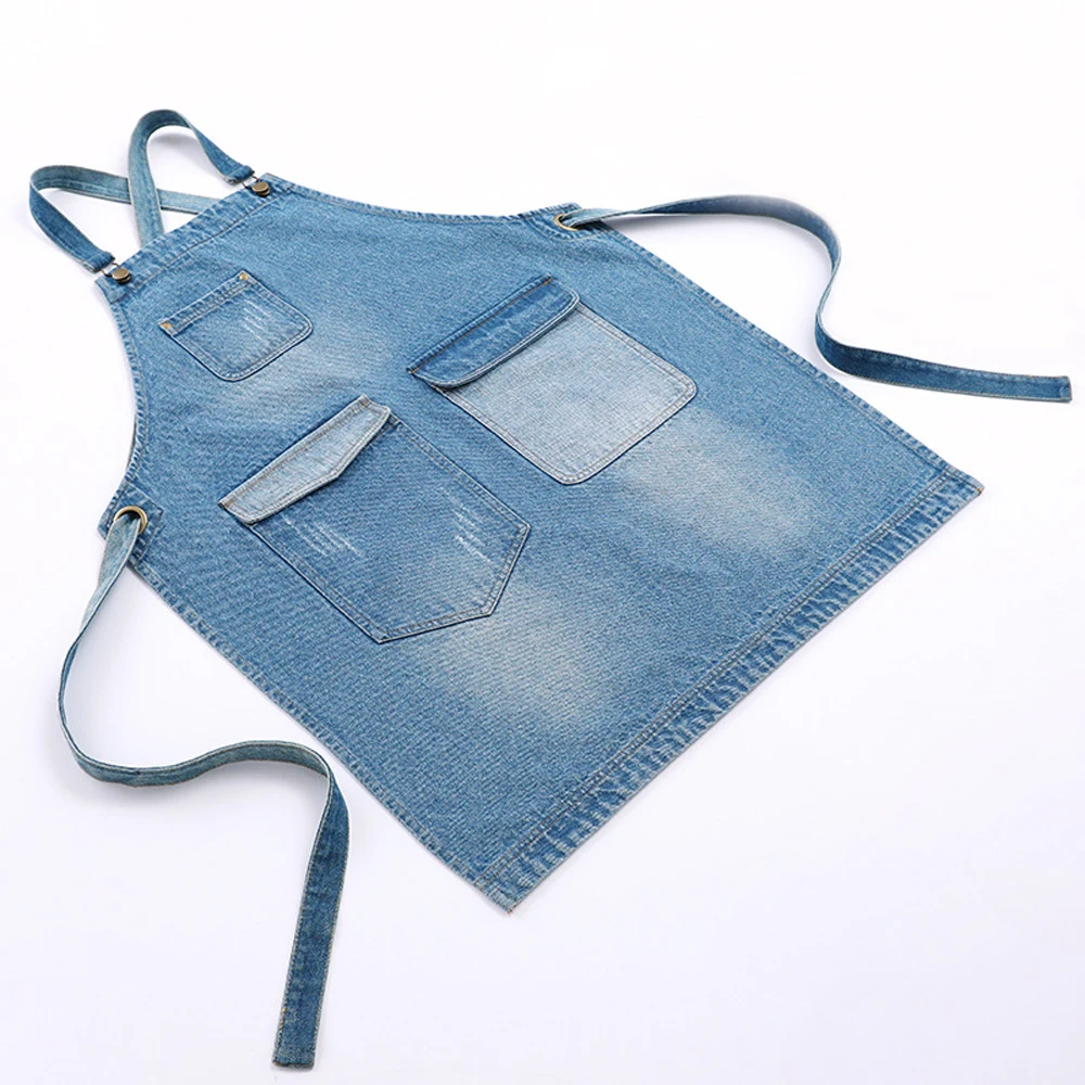 

Washed Denim Floral Barber Roast Cafe Kitchen Apron Canvas Apron Barbecue Household Goods Apron Multi-size Sleeveless Apron