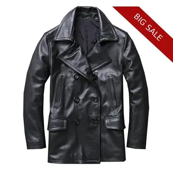 

2020 Black Men Long Russian Casual Leather Jacket Double Breasted Large Size XXXXXL Genuine Cowhide Autumn Fashion Leather Coat