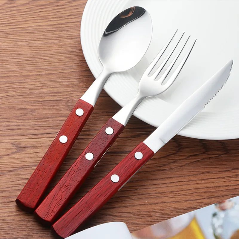 3 шт./компл. деревянная ручка посуда из нержавеющей стали для вечеринки столовая ложка нож фруктовые вилки столовые приборы деревянная ручка посуда