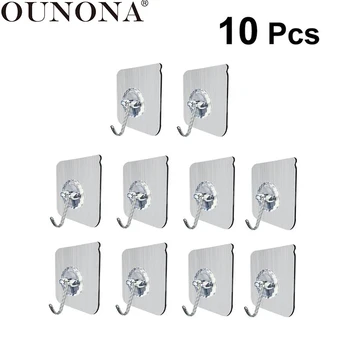 

OUNONA 10Pc Wall Hooks Heavy Duty Transparent Kitchen Wall Hanger Adhesive Towel Hanging Hook No Nail Ceiling Wall Bath Hanger
