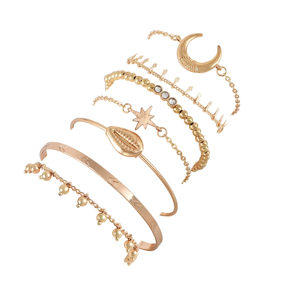

ALYXUY 7pcs/set Boho Gold Shell Bracelets Set Beads Chain Wrist Multilayer Charm Bangles Bracelets for Women Jewelry Lover Gift