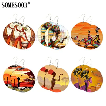 

SOMESOOR African Tribal Life Arts Printed Wooden Drop Earrings Afrocentric Ethnic Headwrap Pattern Ear Loops For Women Gifts