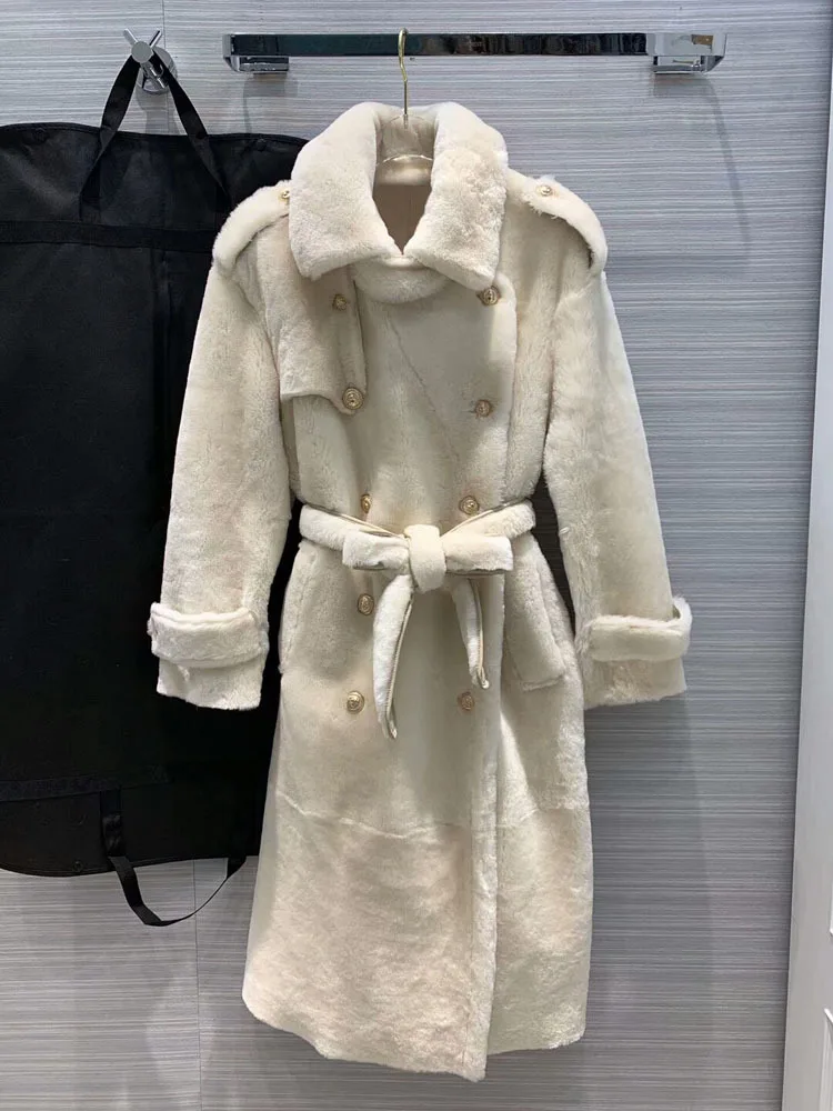 Женское длинное пальто из натуральной овчины и меха, верхняя одежда, Зимняя мода, мех мериноса, овечья шерсть, ветровка, теплая и толстая
