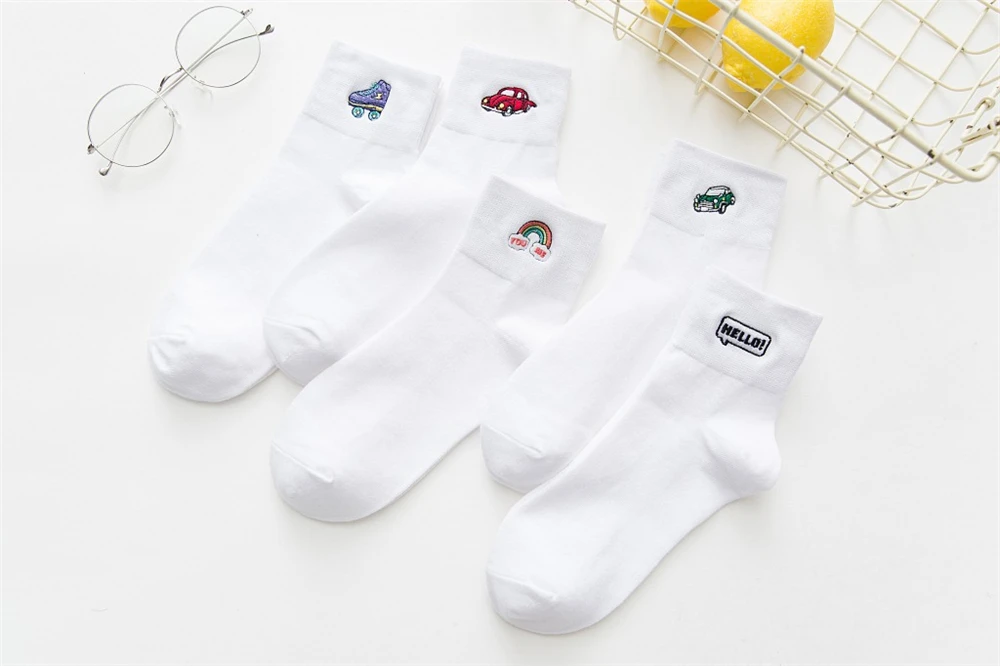 Women Socks Autumn Winter New Cotton Embroidery Cartoon Black White Tube Ladies College Wind Personality Casual Sports Sock