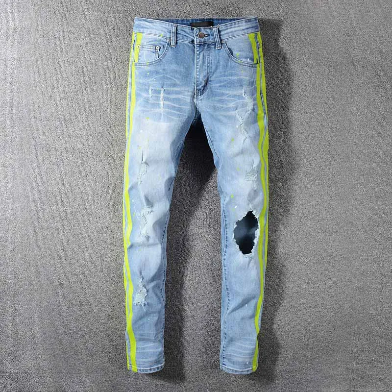 KIOVNO High Street Men's Ripped Destroyed Jean Pants Neon Yellow Color Patchwork Denim Trousers For Male Size 28-40   (1)