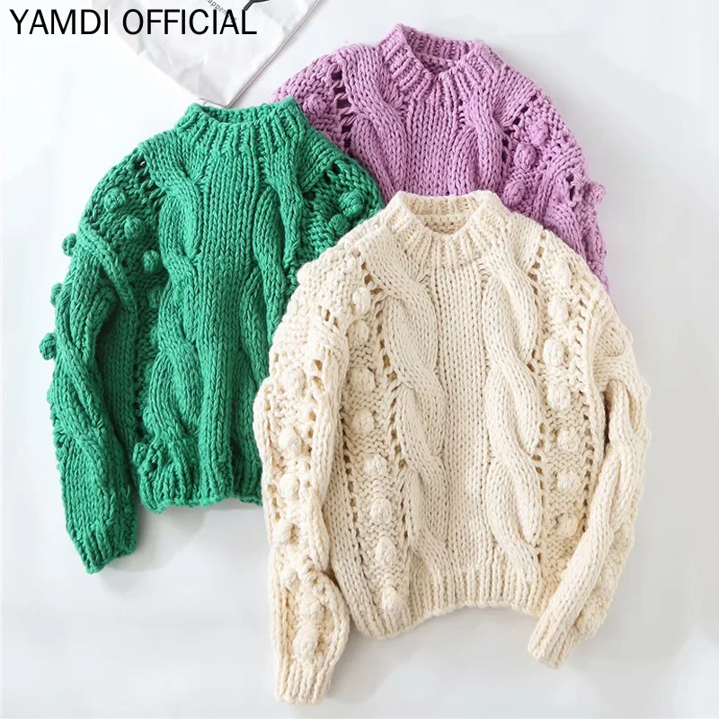 YAMDI Women Knitted Chic Women Fashion Runway Sweater Vintage Elegant Solid Hollow Out Pullover Loose Warm Jumper Autumn Winter