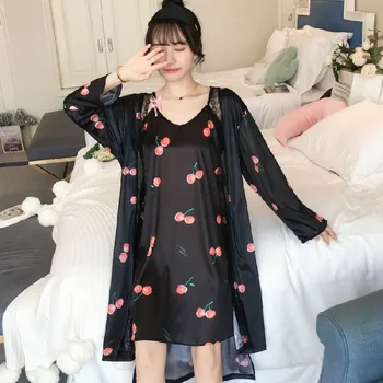 

Sexy Silk Robe Night Dress for Women Two Pieces Robes Set Long Sleeve Nightgown Gowns Two Piece Sleepwear Kimono Bathrobe Female
