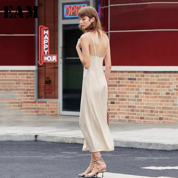 

[EAM] Women Backless Lace Spliced Long Sling Dress New V-Neck Sleeveless Loose Fit Fashion Tide Spring Autumn 2020 1B130