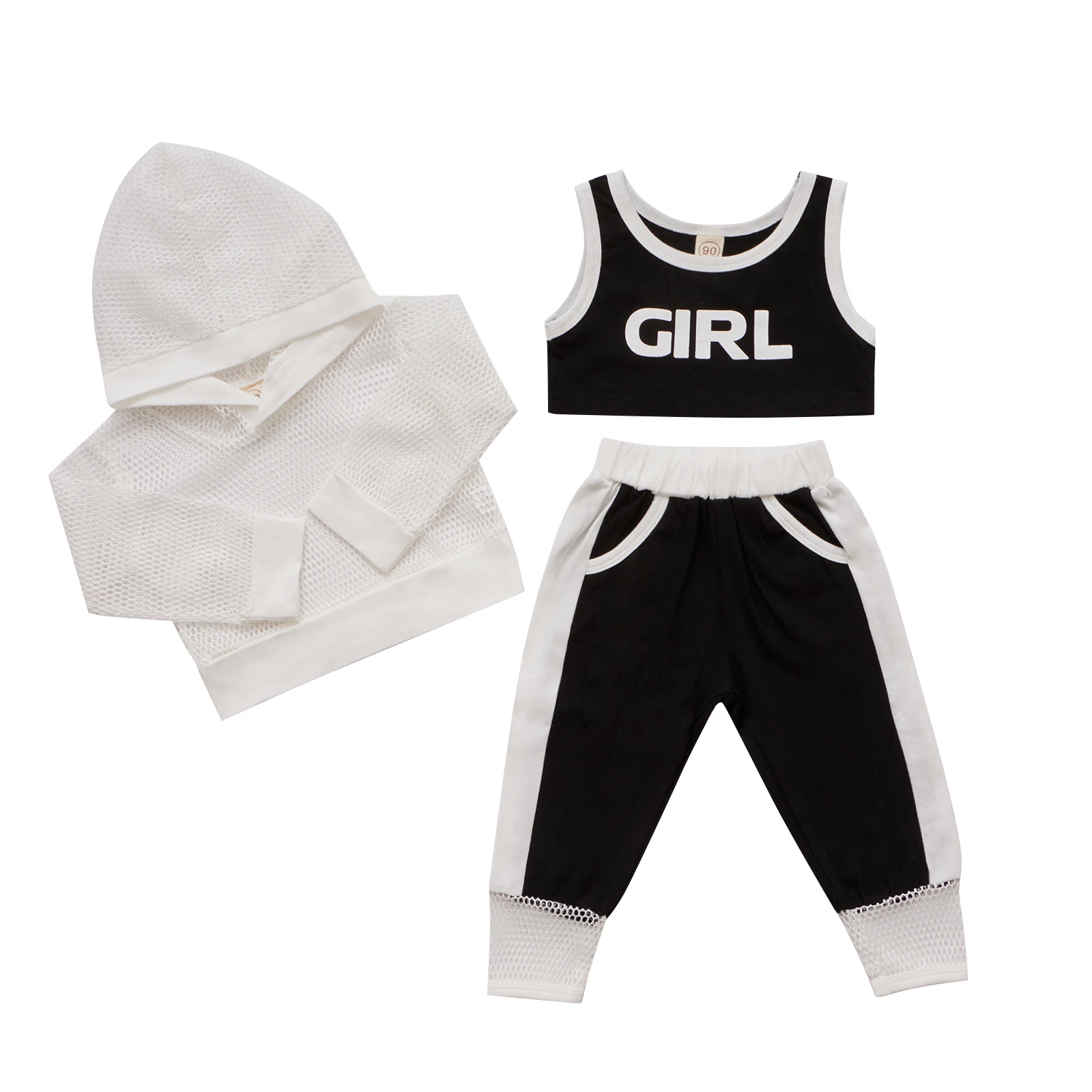 1-5Years Toddler Girls 3Pcs Fall Outfits Mesh Hoodie + Letter Print Tank Tops Pants Set | Детская одежда и обувь