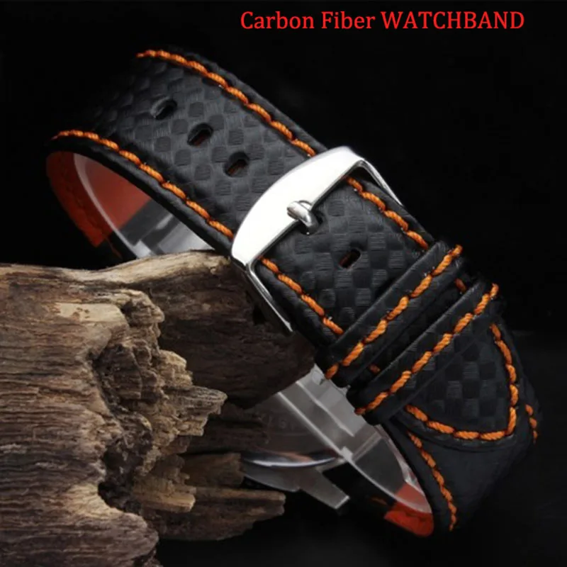 Men's Carbon Fiber Watch Strap with Red Stitching and Leather Lining, Stainless Steel Clasp