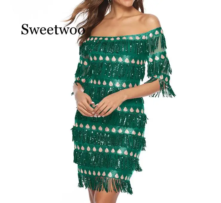 

Embroidery Wrap Summer Party Sequins Fashion Boat Neck Women Dress Ladies Tassel Sexy Bodycon Middle Sleeve