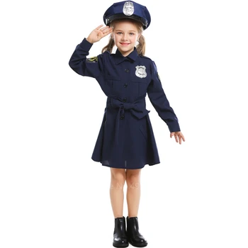 

Halloween Cosplay Costume for Kids Baby Girl Carnival Party Little Policewomen Fancy Role Play Navy Blue Long Sleeve Dress Set
