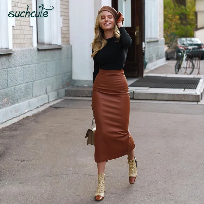 SUCHCUTE, искусственная кожа, женские юбки, одноцветная, Modis, с разрезом, длинная юбка, весна, для офиса, леди, простая, тонкая, элегантная, дикая одежда