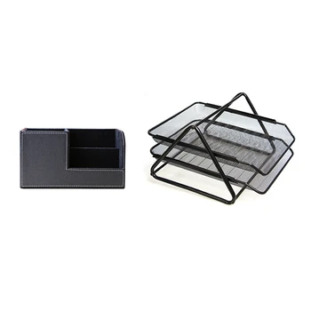 

PU Leather Desk Stationery Box Organizer & Office Filing Trays Holder A4 Document Letter Paper Wire Mesh Storage 2 Tiers