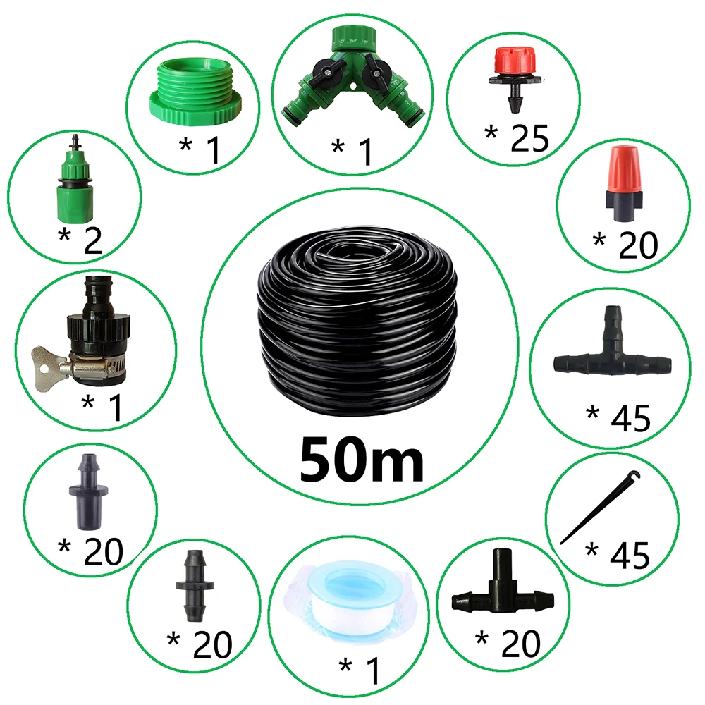 

50M Drip Irrigation Kit,Automatic Micro Patio Plant Watering Kit Garden Agriculture Greenhouse Mist Cooling Irrigation System