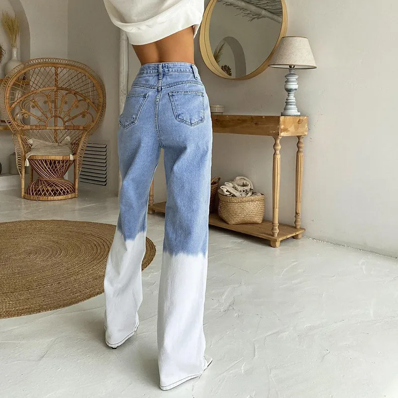 

Women Straight Denim Pants Casual High Waist Color Block Patchwork Loose Fit Wide Leg Jeans
