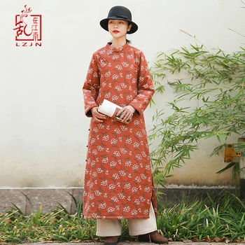 

LZJN Ethnic Dress Women 2019 Autumn Winter Long Sleeve Chinese Cheongsam Qipao Warm Cotton Quilted Maxi Dress Robe Vestidos