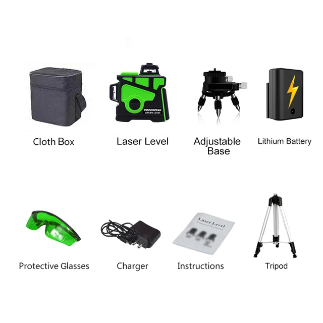 PRACMANU 12 Lines 3D Green Laser Level Horizontal And Vertical Cross Lines With Auto Self-Leveling Lux Cloth Box Tripod