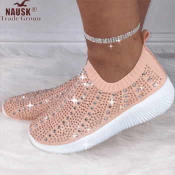 

2020 New Big Size Sneakers Women Crystal Slip on Mesh Breathable Sock Shoes Ladies Casual Outdoor Vulcanized Sneakers Mujer