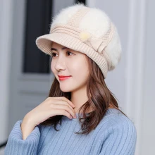 HT2806 шапка из кроличьего меха, толстая теплая зимняя берет, шапка для женщин, леди, милая элегантная восьмиугольная кепка Newsboy, женская вязаная шапка, женские береты