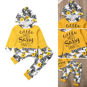 

CANIS Newborn Toddler Baby Boy Girls Autumn Winter Clothes Letter Floral Leaves Printed Hooded Tops+Pants Outfits