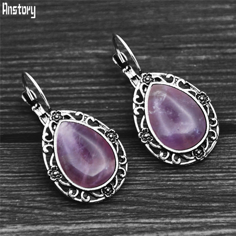 

Vintage Water Drop Natural Amethysts Earrings For Women Antique Silver Plated Flower Plant Natural Stone Pendant Fashion Earring