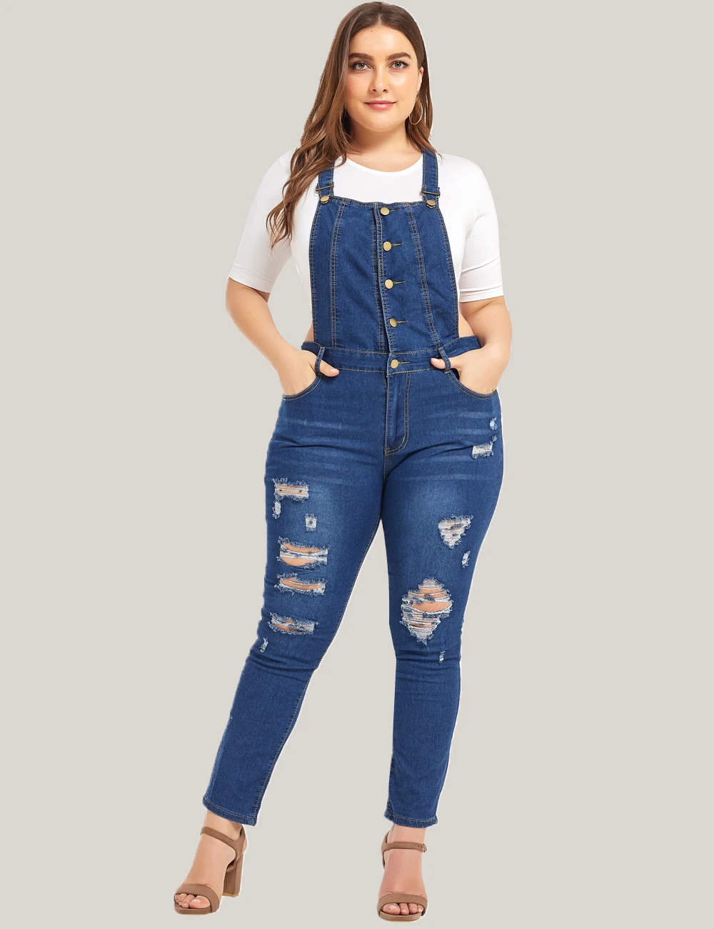 Denim Blue-2 Джинсовые комбинезоны для женщин; большие размеры 5XL; Повседневный джинсовый комбинезон с рваными дырками; женские облегающие комбинезоны; уличные комбинезоны; combinaison femme; H25 - Цвет: Denim Blue-2