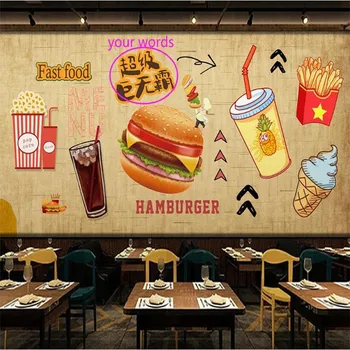 

Custom Western Fast Food Restaurant Industrial Decor Background Mural Wallpaper 3D Burger Cola French Fries Snack Bar Wall Paper