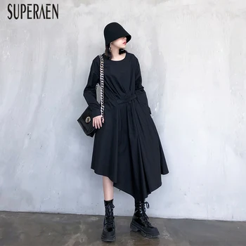 

SuperAen Spring 2020 New Women Dress Pluz Size Long Sleeve Ladies Dress Solid Color Cotton Round Collar Casual Women Clothing