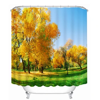 

Pastoral style 3d View Shower Curtains Yellow Maple Leaves landscape Pattern Waterproof Washable Fabrics Bath Curtain + Hook