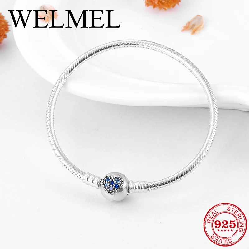 

Eternal love Women Bracelets 925 Sterling Silver Heart pave blue Zircon Flexible Bangles snake bone chain fashion Jewelry