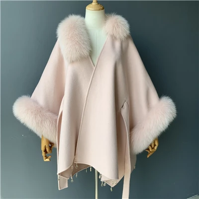 MAOMAOFUR кашемировое пальто воротник из натурального Лисьего меха манжета высокого качества плащ Женская негабаритная одежда белого и розового цвета Женская шерстяная накидка - Цвет: Pink