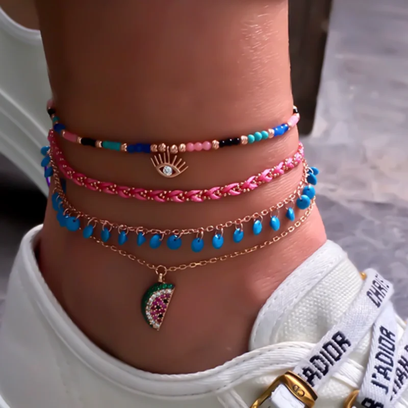 4 Pieces/set New Fashion Creative Weaving Rice Beads Eye Cactus Shell Travel Party Anklet 4 Pieces/set New Fashion Creative Weaving Rice Beads Eye Cactus Shell Travel Party Anklet