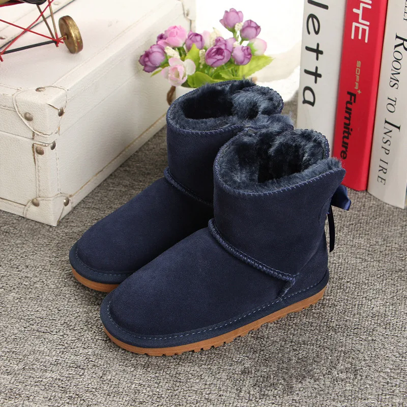 1 Bow Navy Qizheng/зимние ботинки для девочек в австралийском стиле; детские зимние ботинки с бантиками; Детские Водонепроницаемые ботинки; бренд для малышей; ; европейские размеры 21-35 - Цвет: 1 Bow Navy