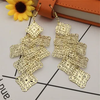 

New Style Hollow out Square Multilayer Earrings Europe and America Ear Stud Long Metal Ear Foreign Trade AliExpress Wish Supply