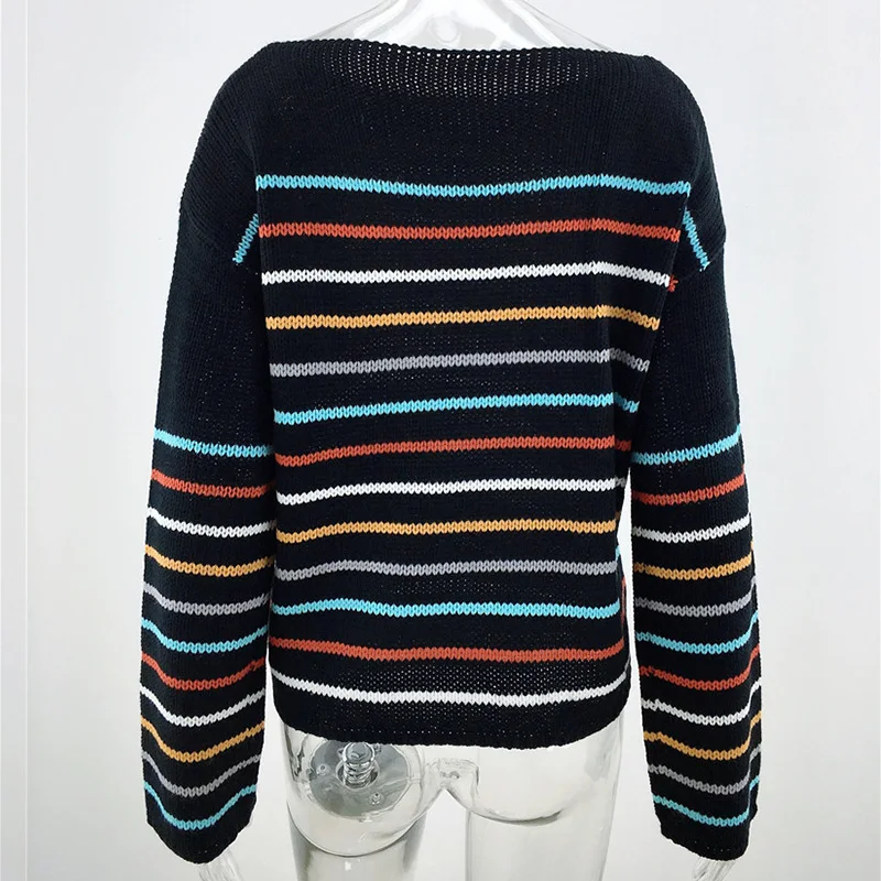 ALLNeon Модные женские свитера больших размеров в радужную полоску с круглым вырезом и длинным рукавом трикотажные джемперы Женский Осенний пуловер Повседневный
