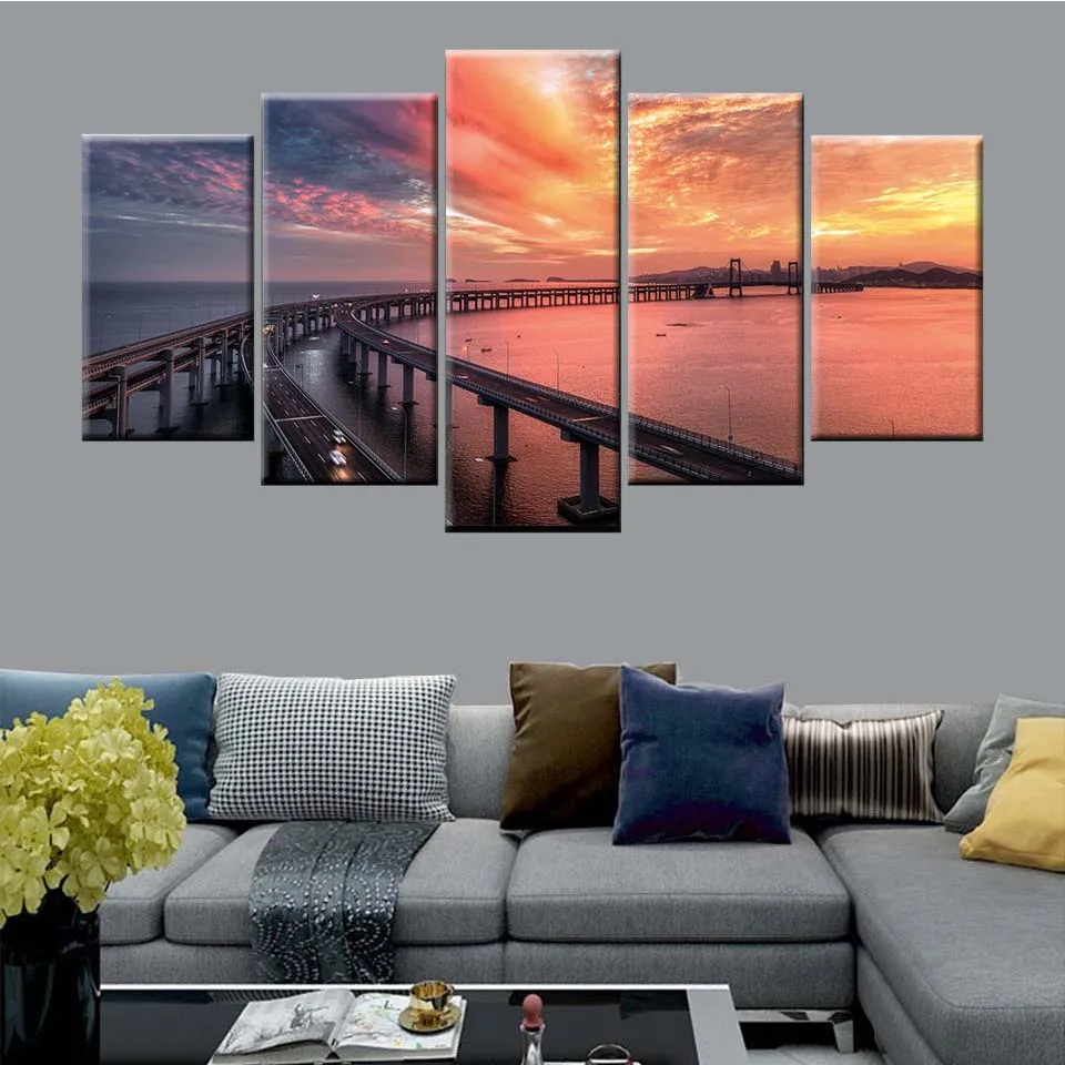 

HD Print Canvas Wall Art Picture Home Decor Nordic Poster Frame 5 Pieces Ornate Burning Cloud Sky Bridge Painting