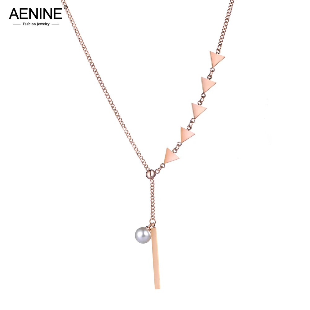 

AENINE Trendy Imitation Pearls Five Triangles Long Necklace Stainless Steel 24 Inches Sweater Chain Necklaces For Women AN18249