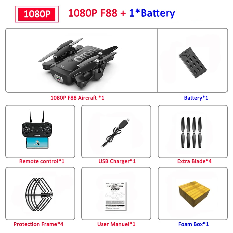1080P 1B FB F88 Дрон RC Квадрокоптер складной портативный WiFi Дроны с 4K HD широкоугольная видеокамера режим удержания высоты Дрон VS SG106 - Цвет: 1080P 1B FB