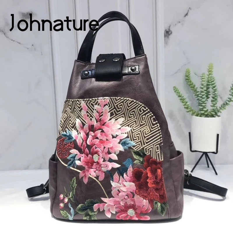 Женский винтажный рюкзак Johnature кожаный вместительный дорожный ранец в китайском