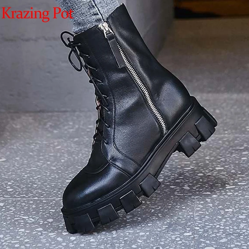 Krazing pot/сапоги до середины икры из натуральной кожи с круглым носком на среднем каблуке теплая зимняя обувь для отдыха на шнуровке смешанных цветов L42