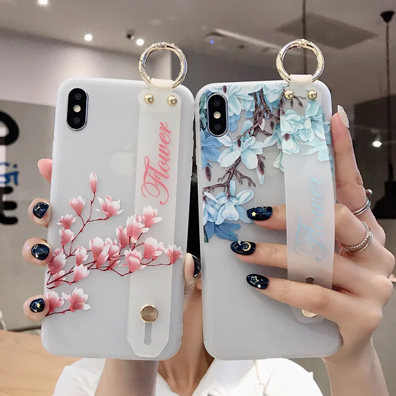 For iPhone 11 Pro Max Case Wrist Strap Flower Clear Soft TPU Coque Cover for 7 8 6 6S Plus X XR XS MAX Phone Holder |