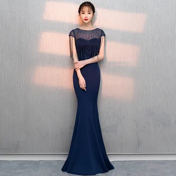 

Evening Dress Navy Blue Beading Tassel Mermaid Formal Party Gowns O-Neck Sleeveless Elegant Dresses Women Robe De Soiree TR048