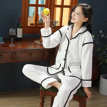 

Couple Winter New 2PCS Pajamas Set Flannel Warm Home Wear Casual Turn-down Collar Shirt&Pant Pyjama Loose Sleepwear With Pocket